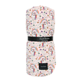 Rainbow cloud blanket for kids with pastel rainbow and unicorn pattern, black Sweet Bamboo label
