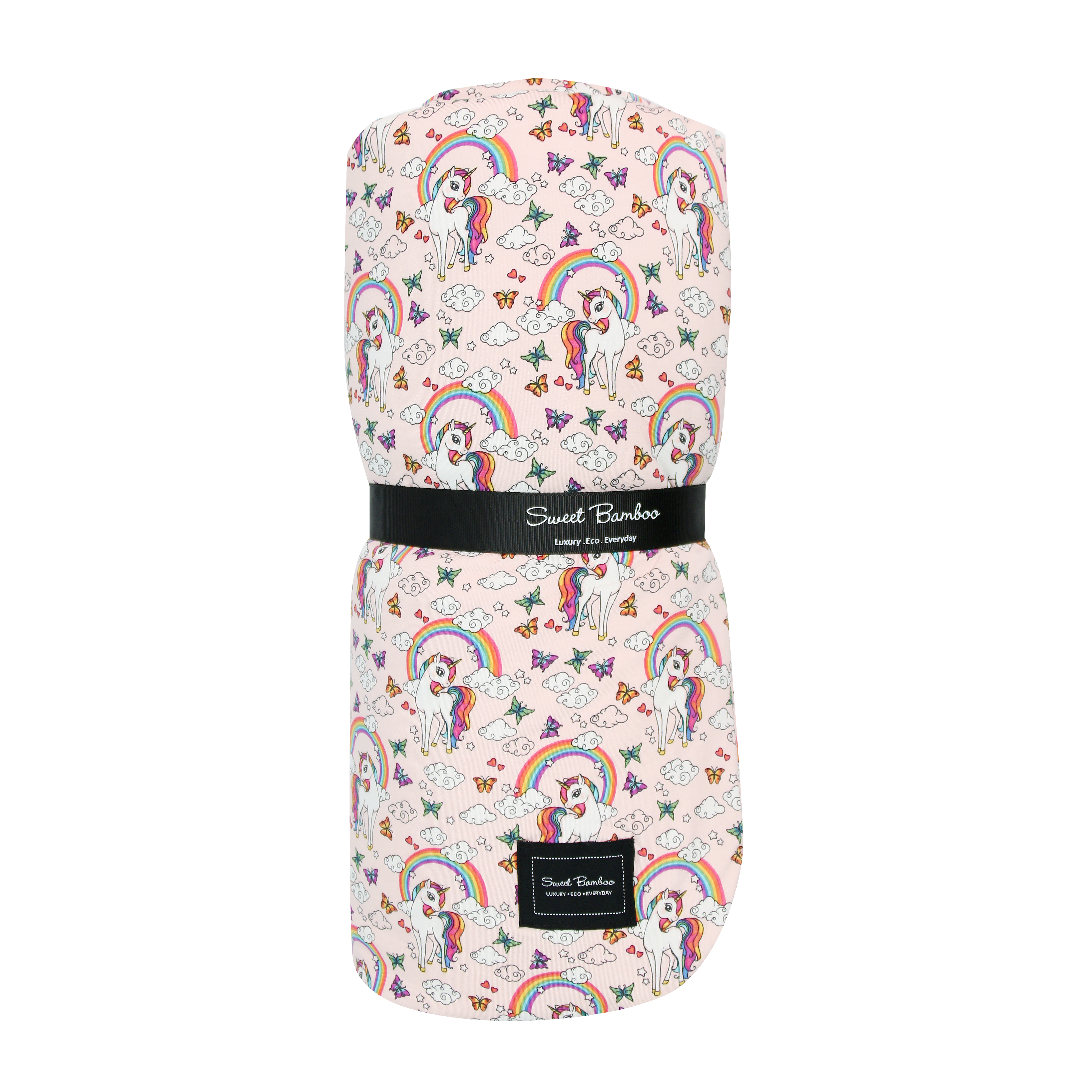 Rainbow cloud blanket for kids with pastel rainbow and unicorn pattern, black Sweet Bamboo label