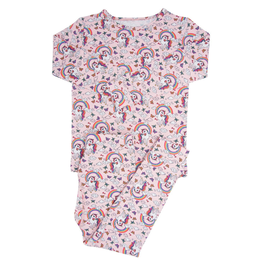 Kids' pajama set with unicorn rainbow print; crewneck long sleeves and pants