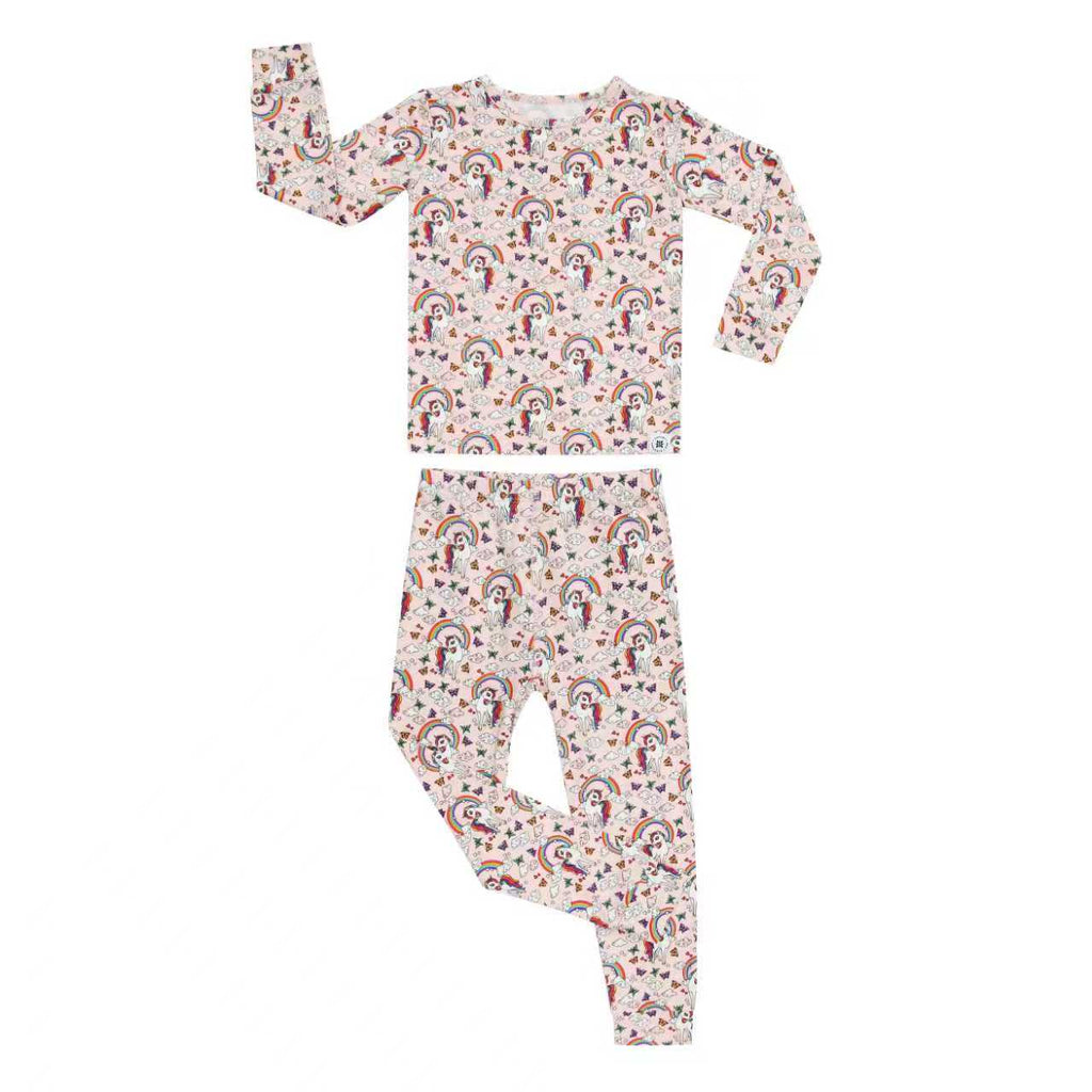 Kids' pajama set with unicorn rainbow print; long-sleeve top and pants, front view