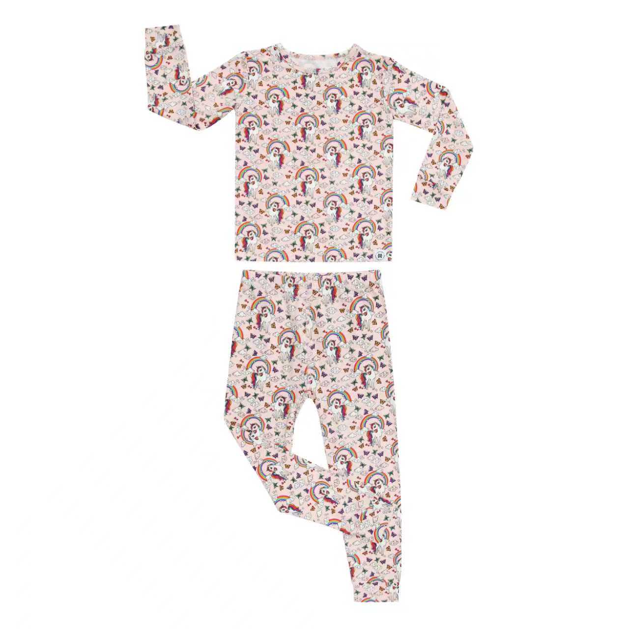 Kids' pajama set with unicorn rainbow print; long-sleeve top and pants, front view