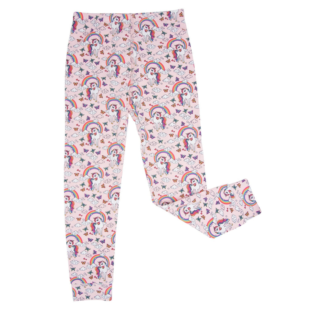 Kids' pajama set with unicorn rainbow print; full-length matching pants