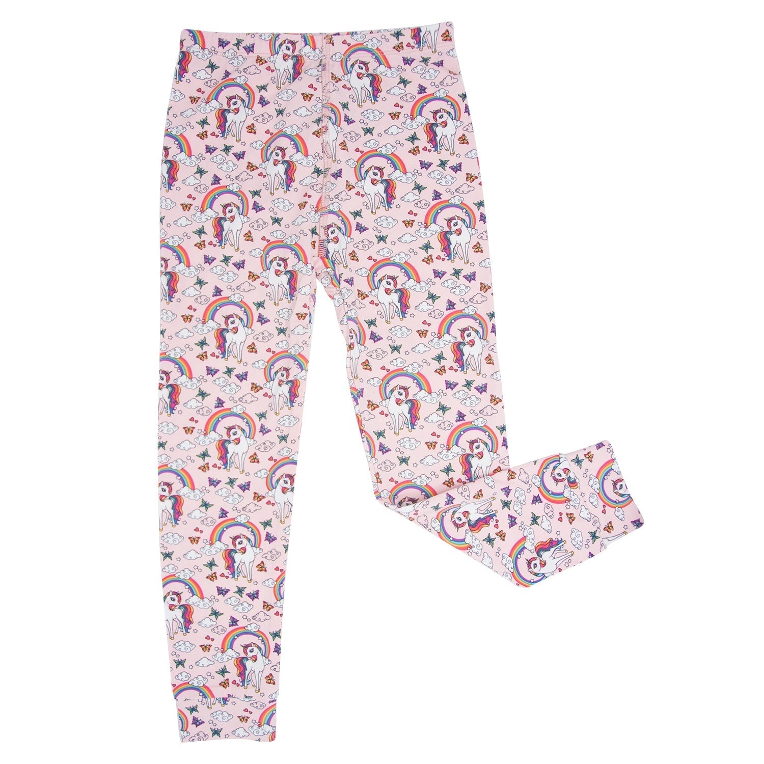 Kids' pajama set with unicorn rainbow print; full-length matching pants