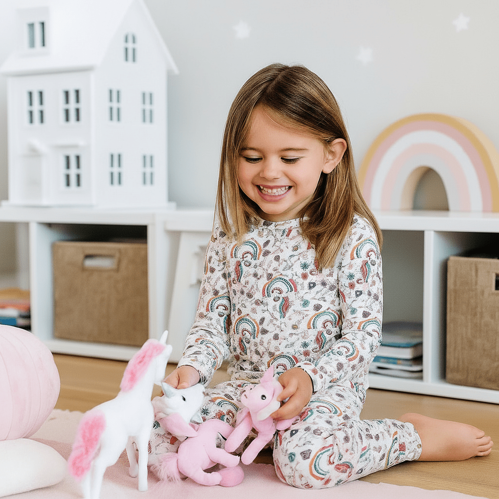 Kids' pajama set with unicorn rainbow print; long-sleeve top and jogger pants