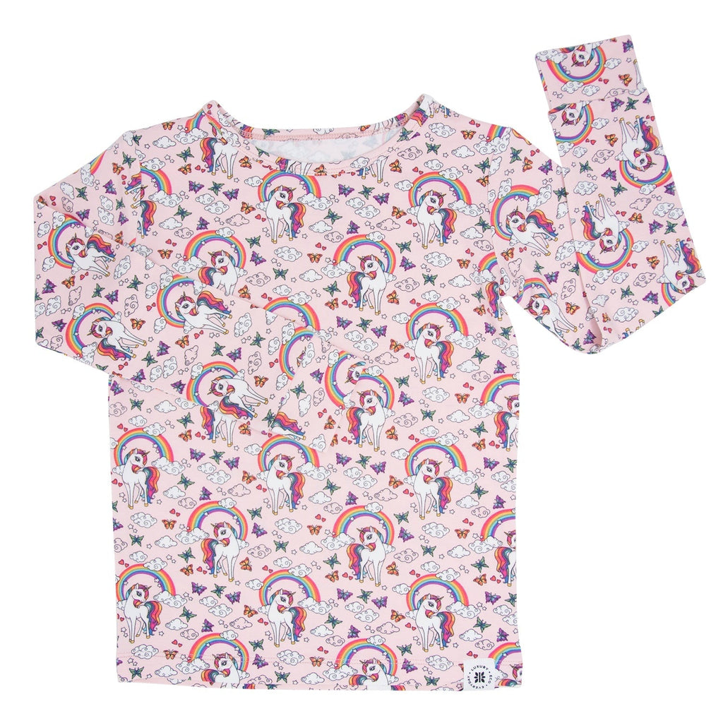 Kids' pajama set with unicorn rainbow allover print; long-sleeve top with matching pants