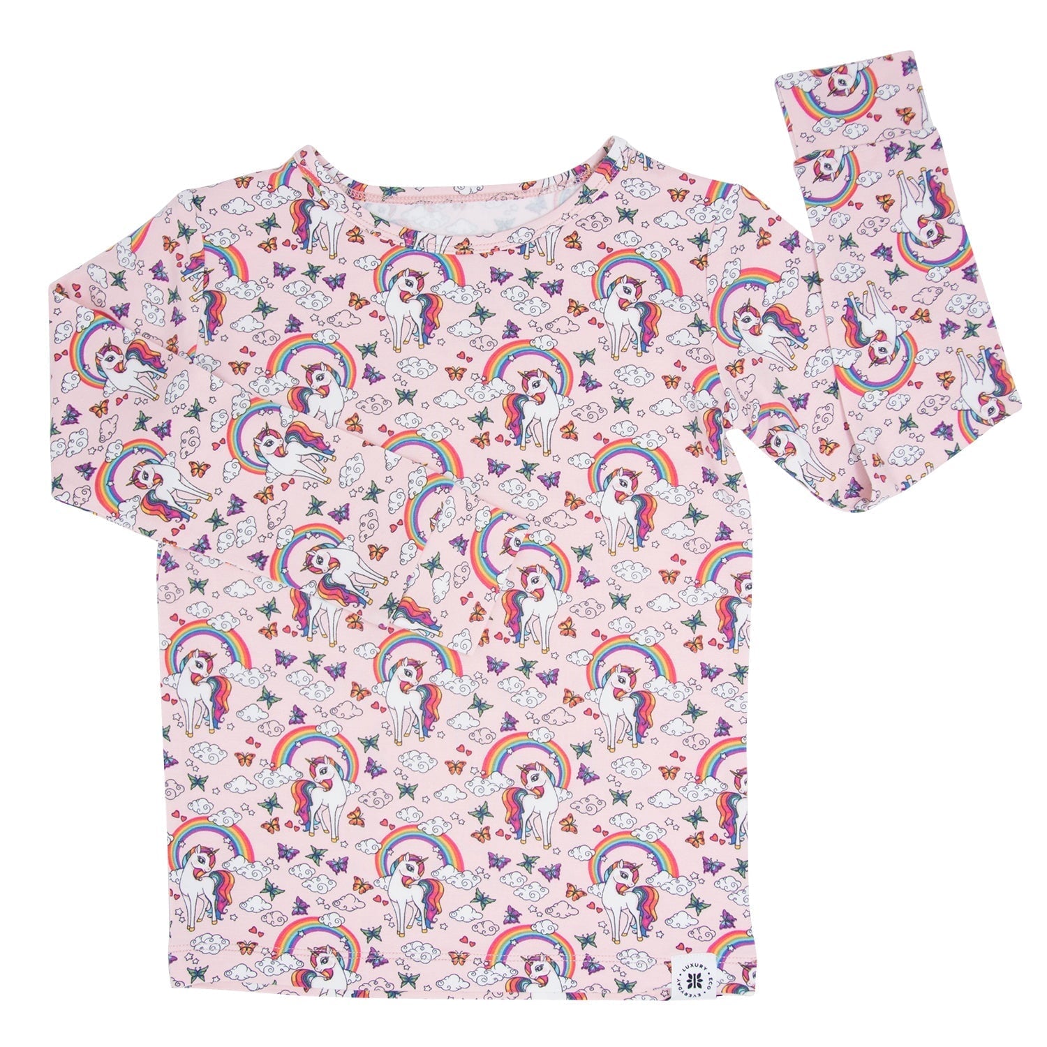 Kids' pajama set with unicorn rainbow allover print; long-sleeve top with matching pants