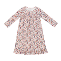 Girls long-sleeve boho dress, light pink with rainbow unicorn pattern, gathered skirt hem