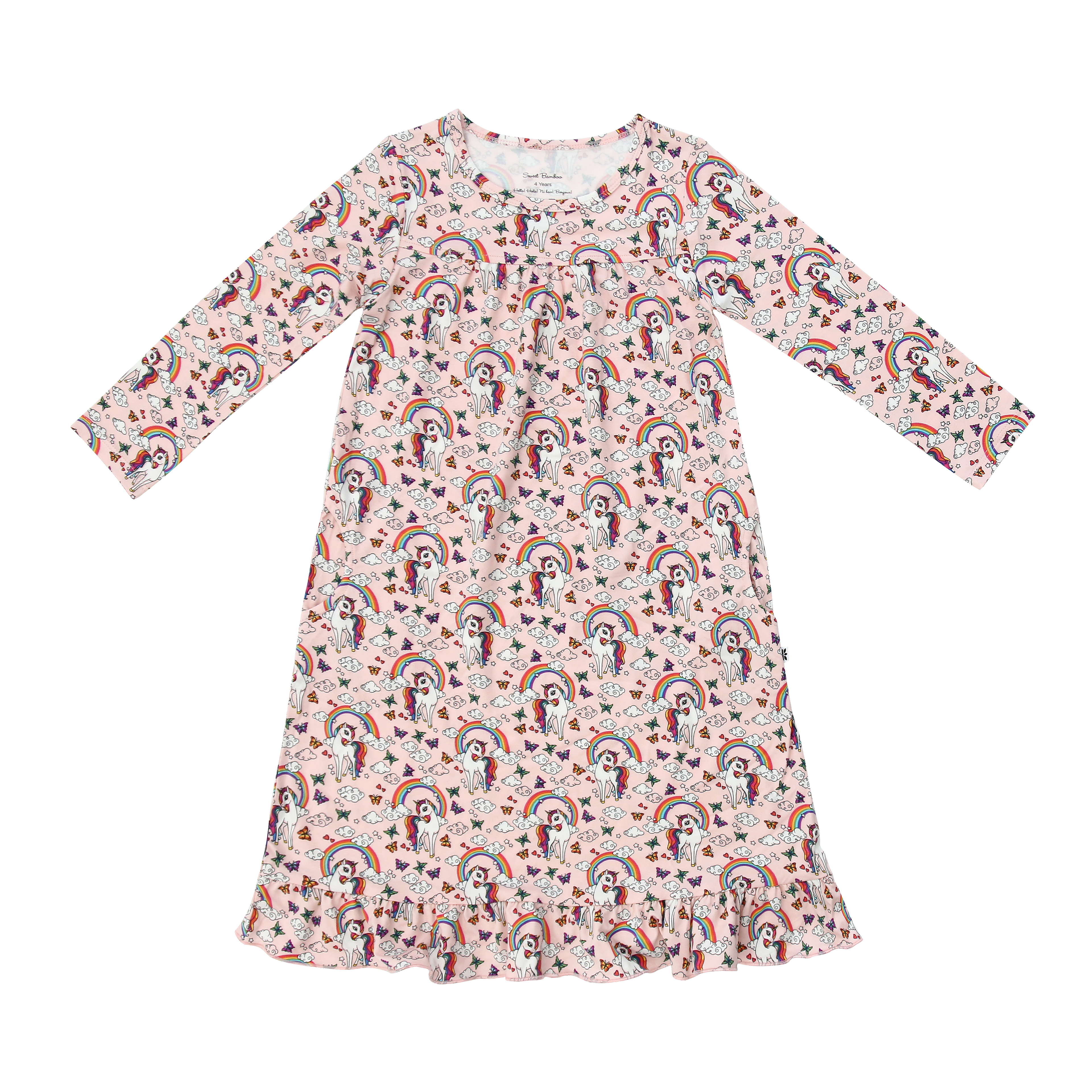 Girls long-sleeve boho dress, light pink with rainbow unicorn pattern, gathered skirt hem