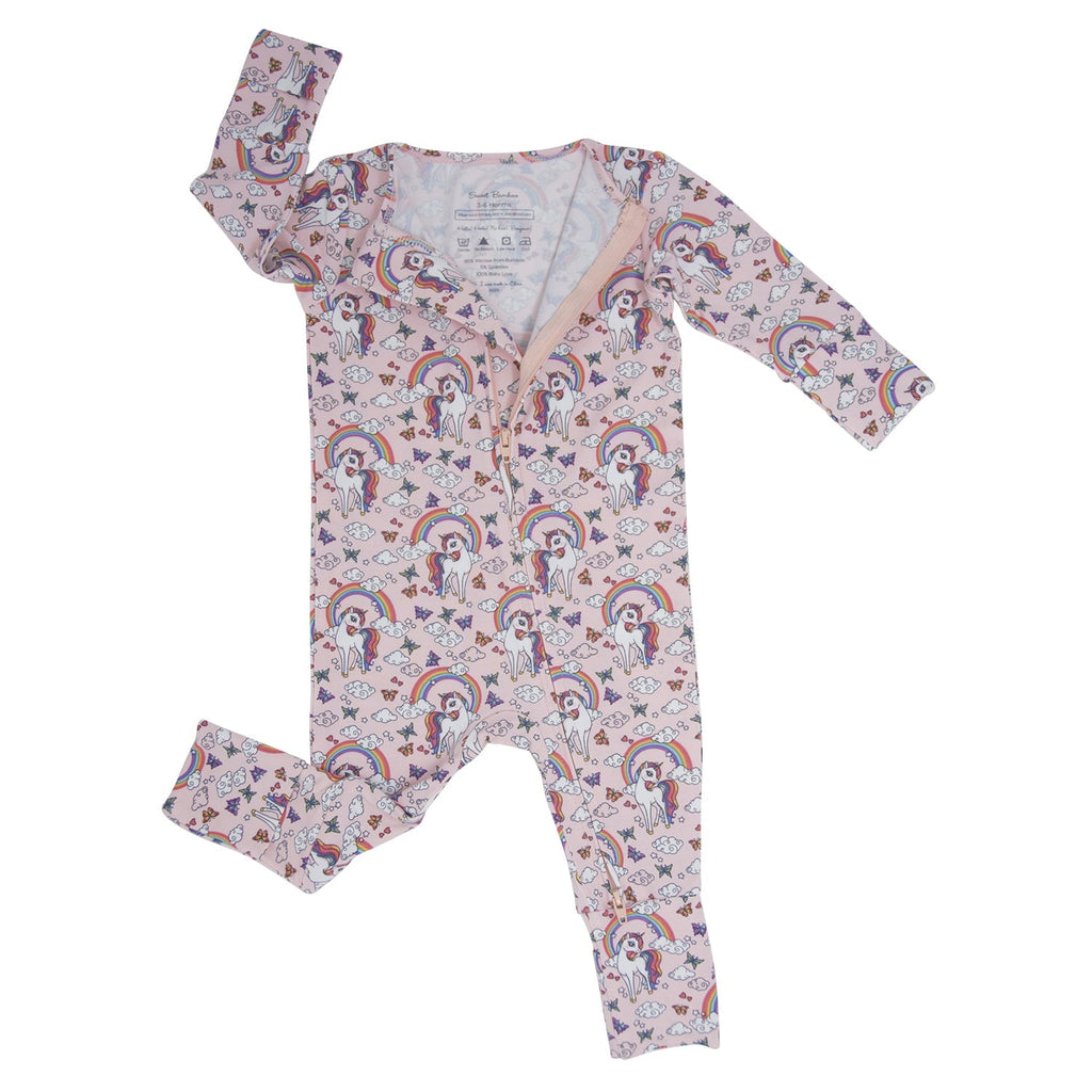 Girls long-sleeve footed romper with pastel cartoon print and V neckline
