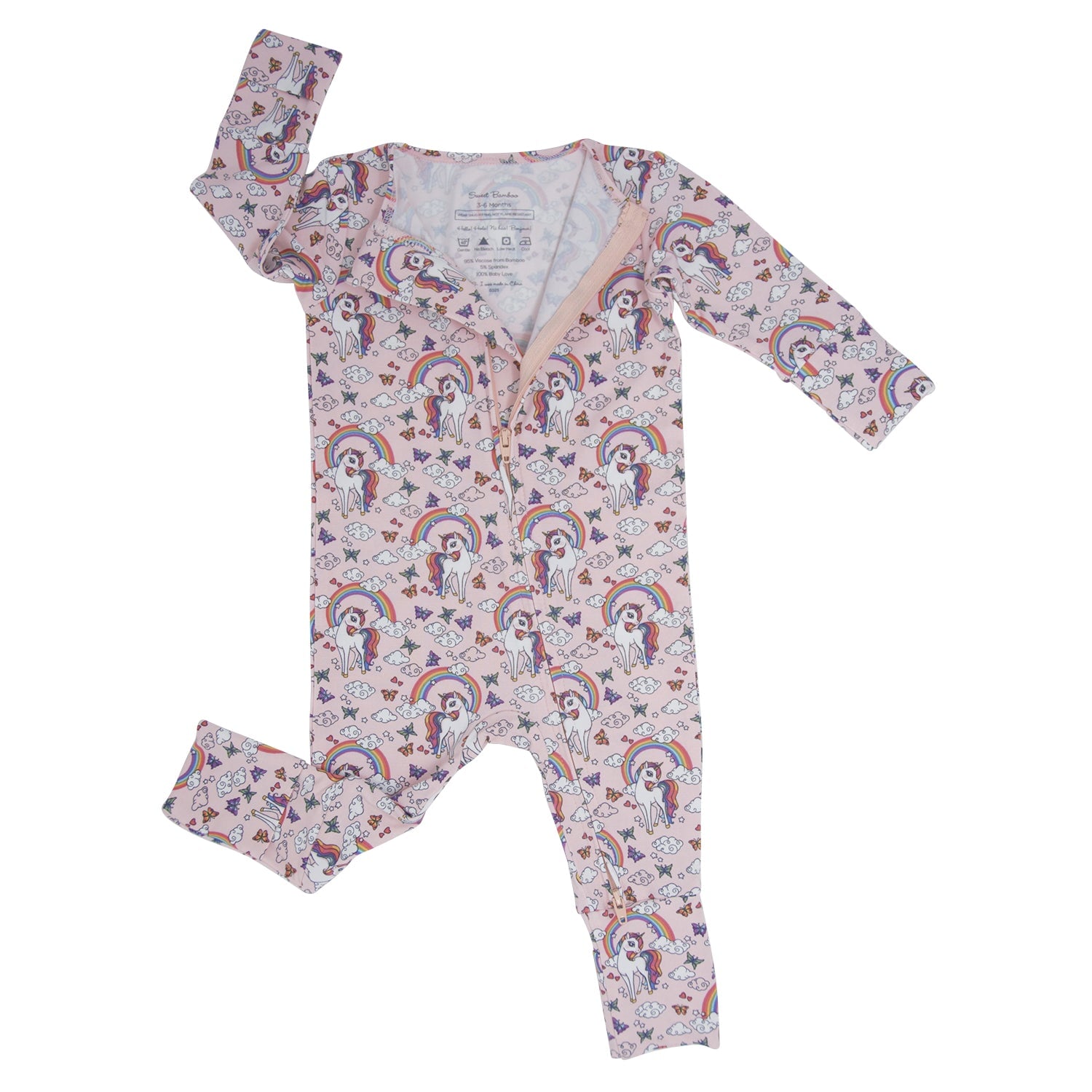 Girls long-sleeve footed romper with pastel cartoon print and V neckline