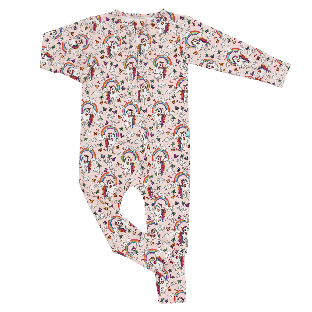 Girls long-sleeve footed romper with allover colorful cartoon print