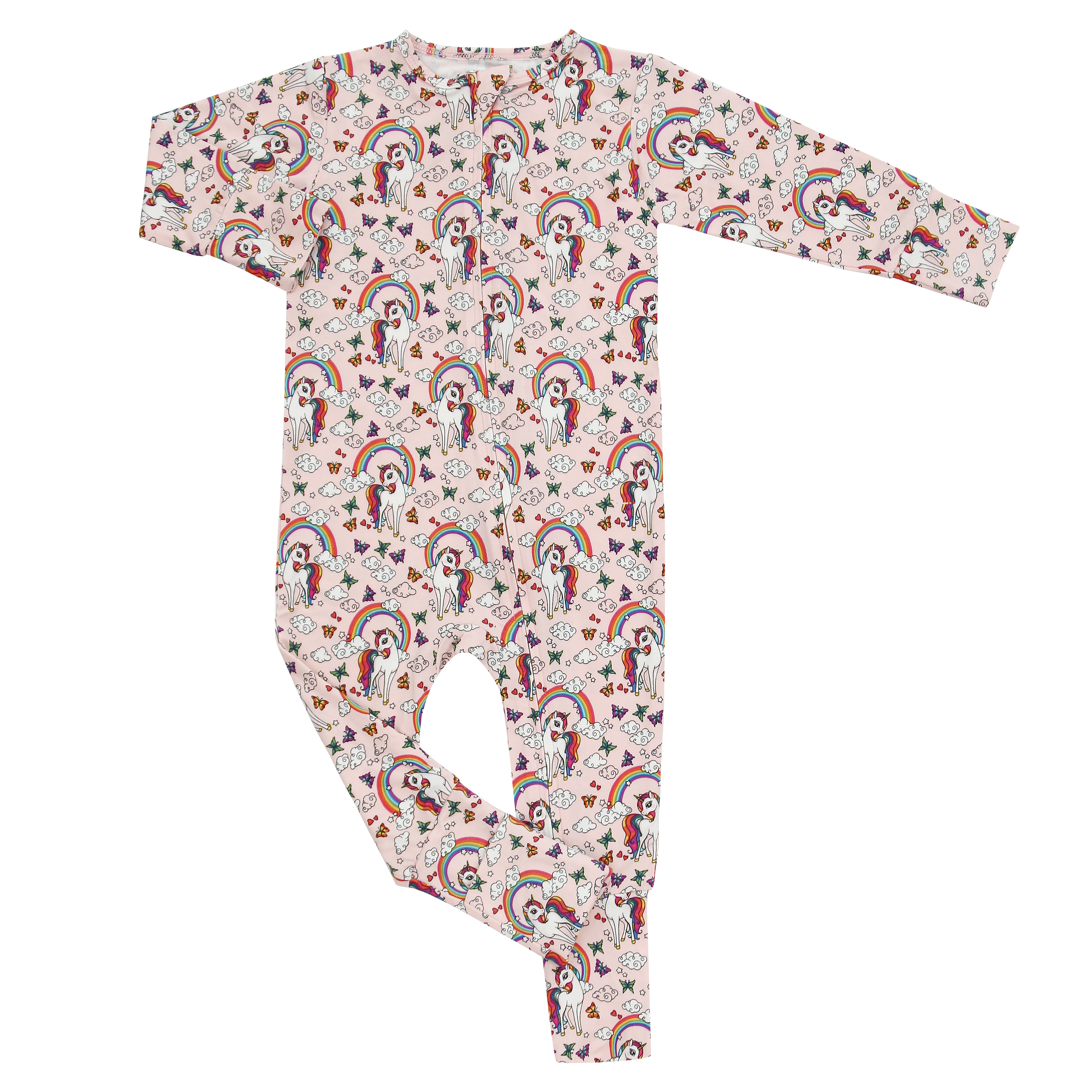 Girls long-sleeve footed romper with allover colorful cartoon print