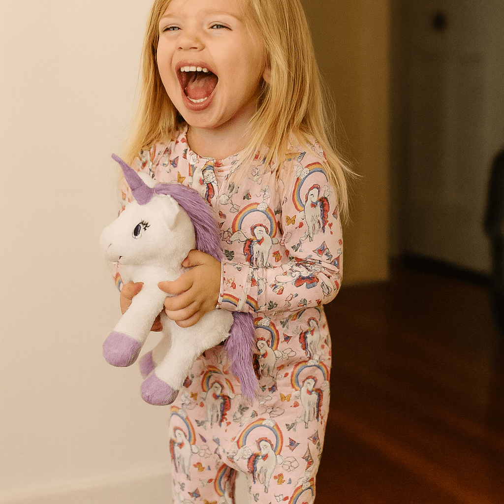 Girls long-sleeve footed romper with colorful cartoon print