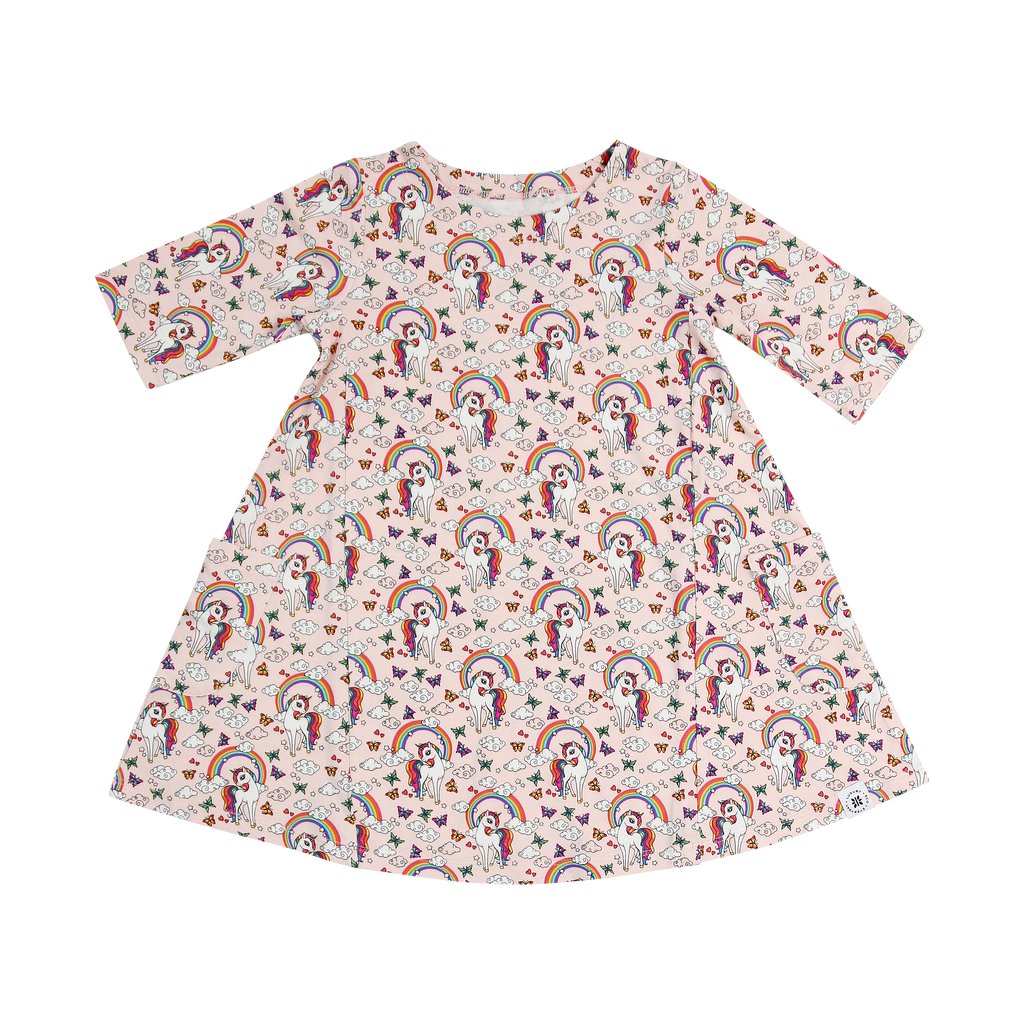 Girls tunic dress, flared A-line with short sleeves and crew neck; unicorn and rainbow print