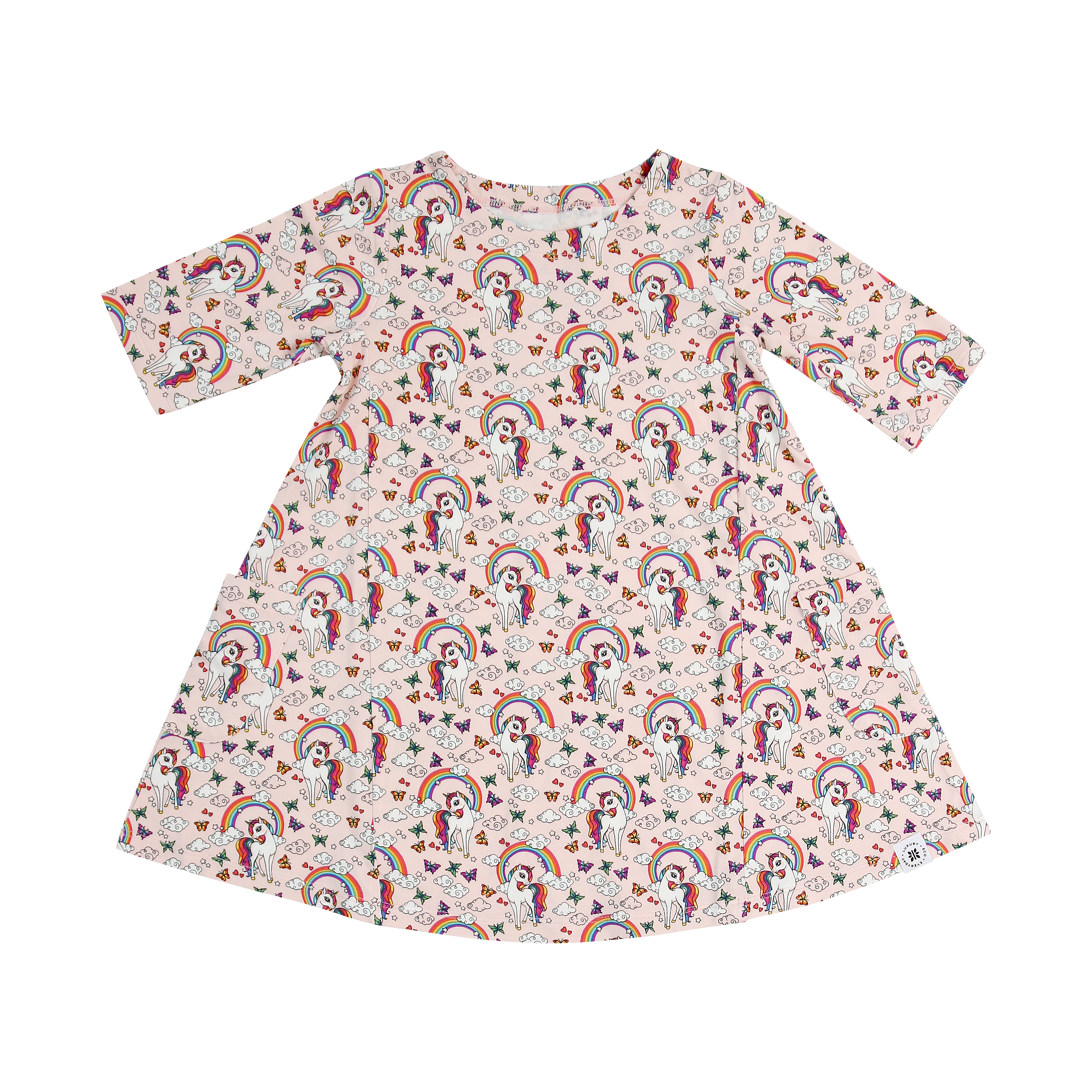 Girls tunic dress, flared A-line with short sleeves and crew neck; unicorn and rainbow print