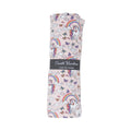 Rainbow Bright swaddle blanket with unicorn and rainbow print, soft light gray fabric
