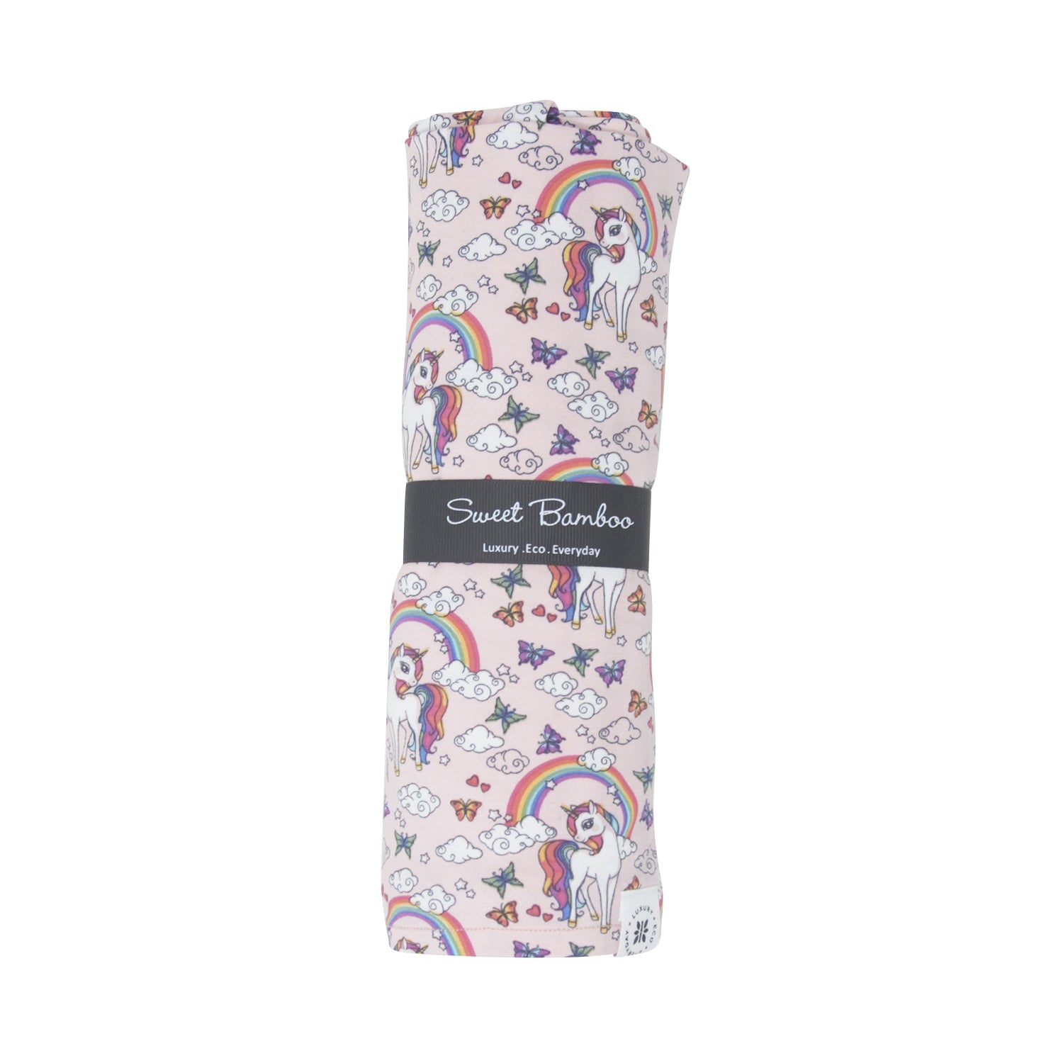 Rainbow Bright swaddle blanket with unicorn and rainbow print, soft light gray fabric