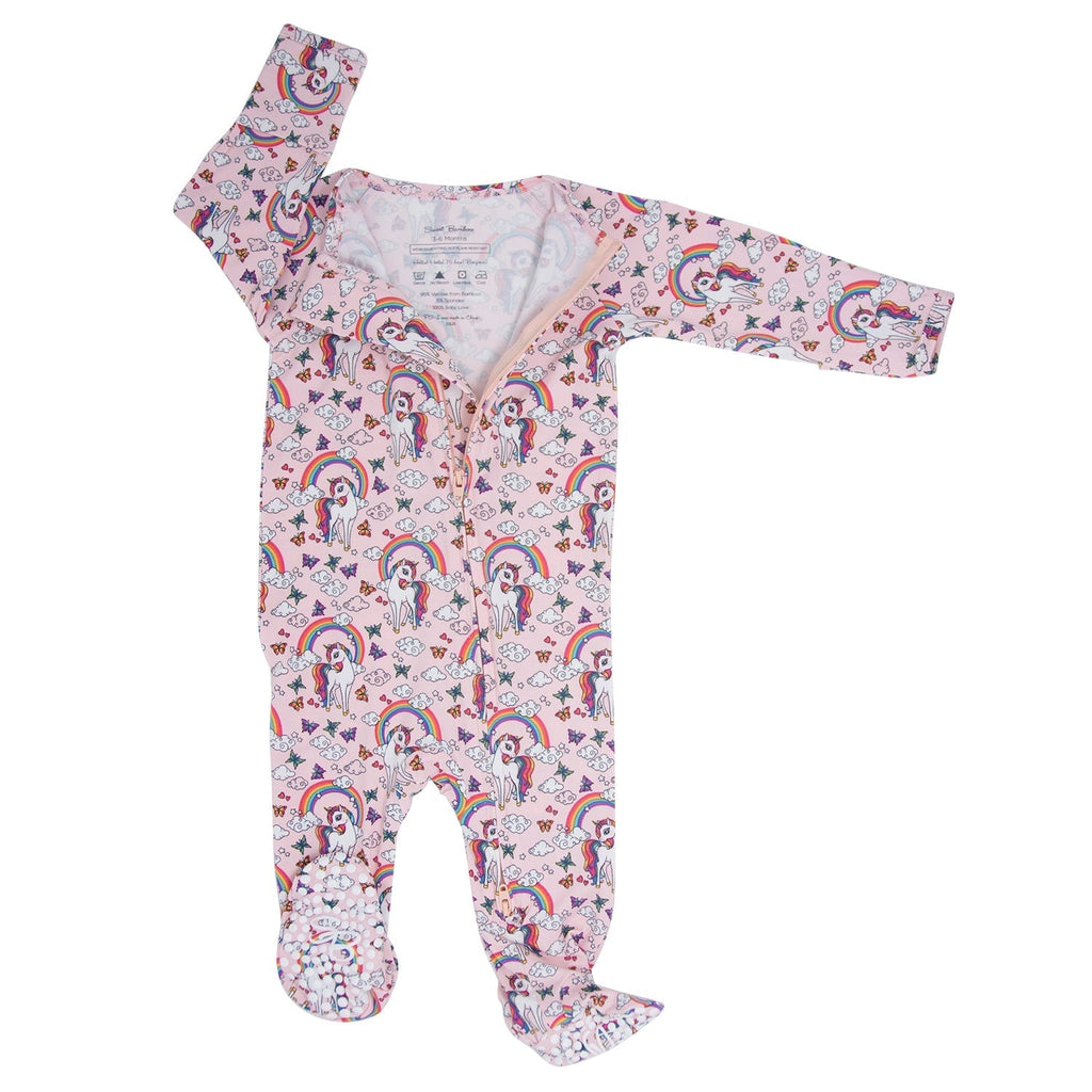 Zip-front baby footie in light pink with rainbow and unicorn print, open neckline