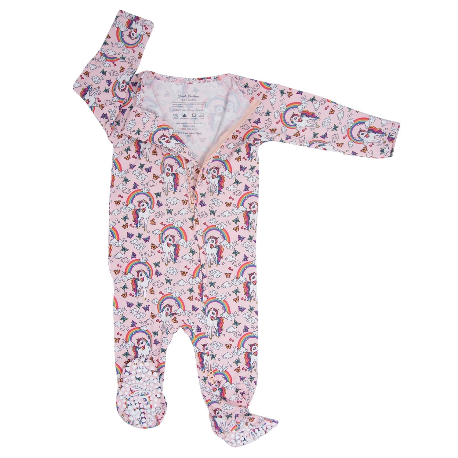 Zip-front baby footie in light pink with rainbow and unicorn print, open neckline