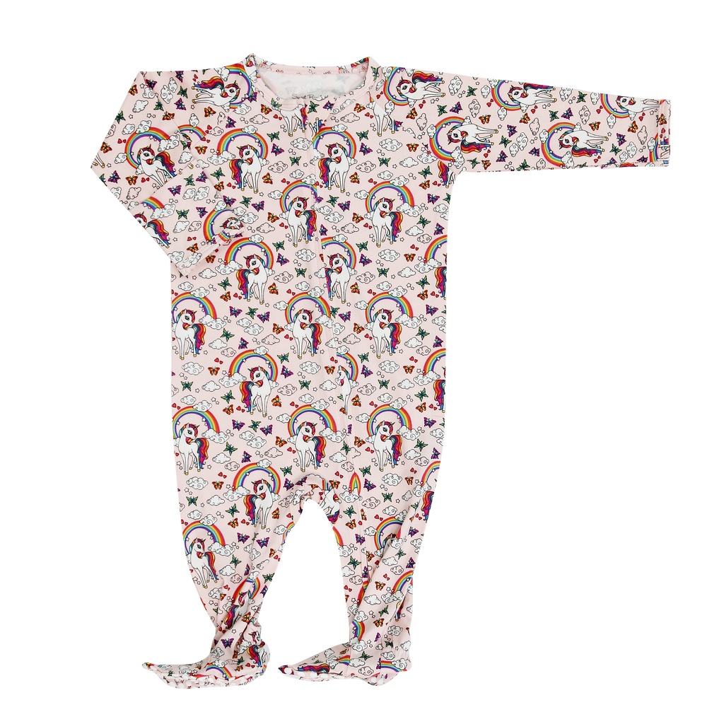 Kids zip-front footie with allover rainbow and unicorn print, long sleeves and cuffs
