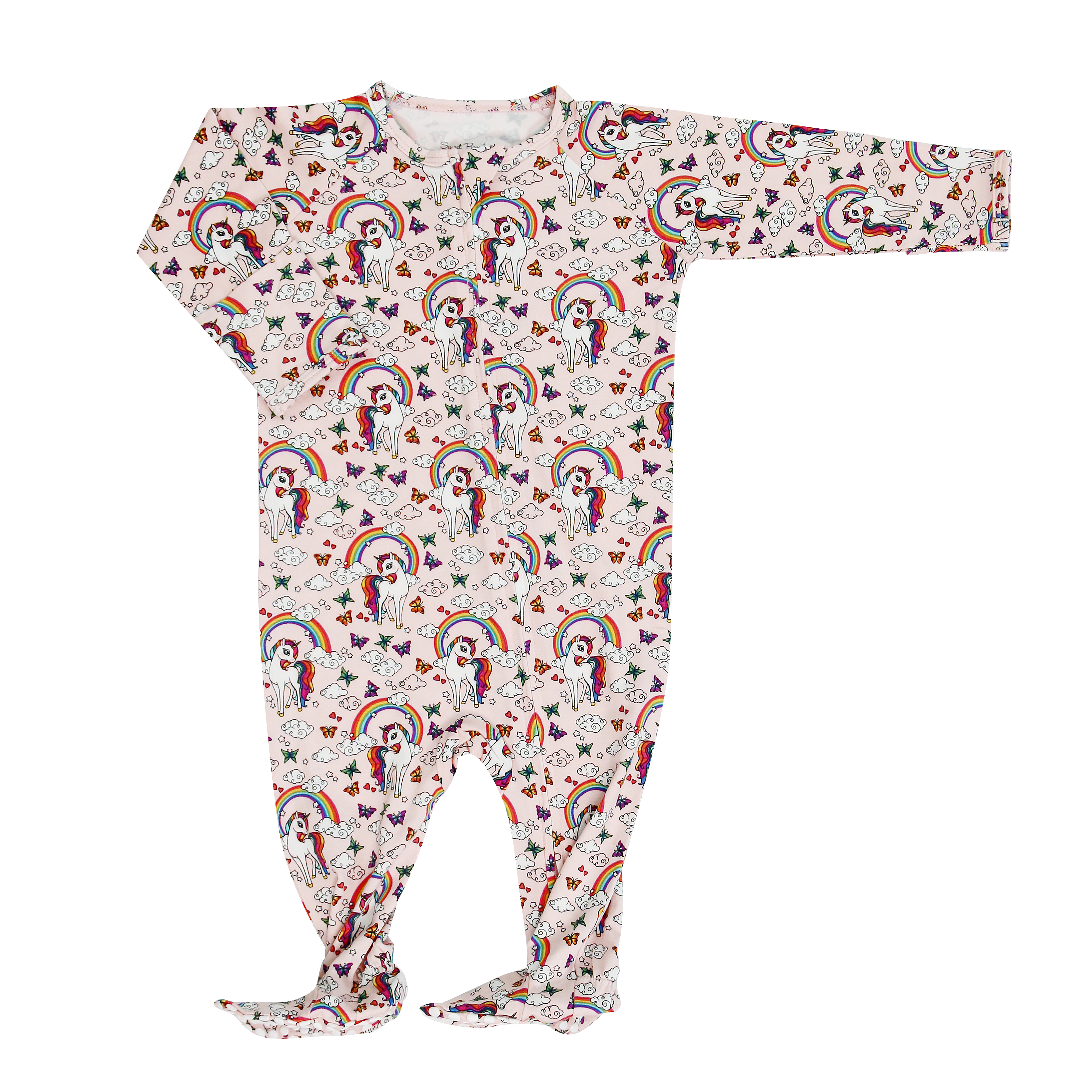 Kids zip-front footie with allover rainbow and unicorn print, long sleeves and cuffs