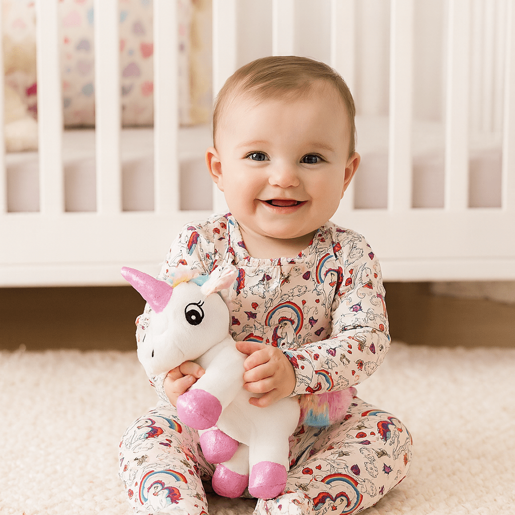 Baby zip-front footie in light pink with rainbow and unicorn print, long sleeves