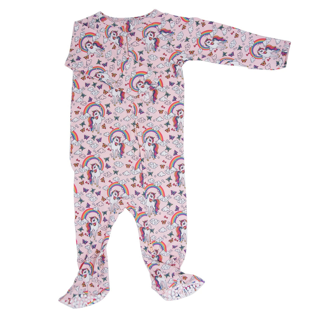 Long-sleeve zip-front footie in light pink with rainbow and unicorn pattern