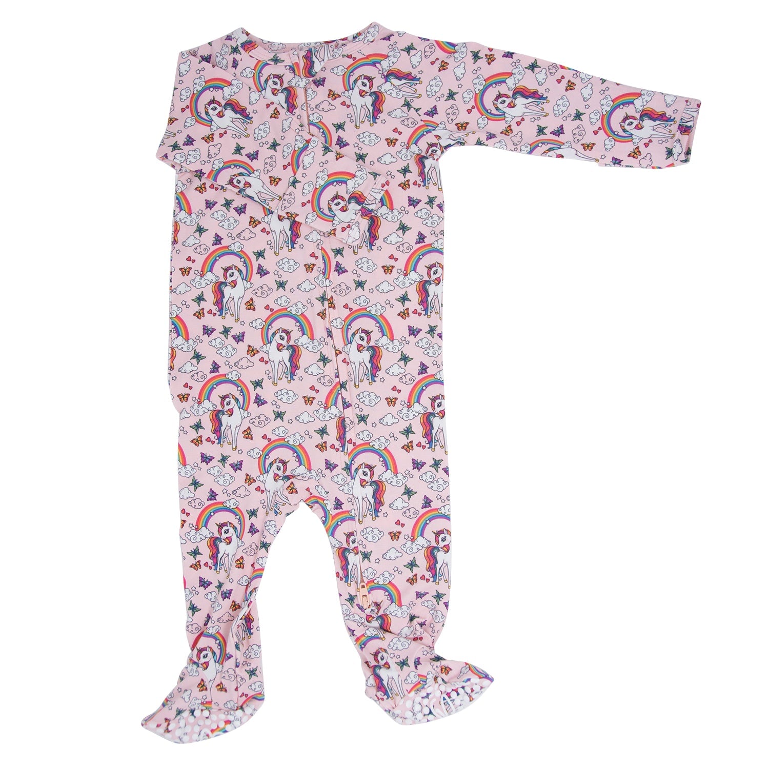 Long-sleeve zip-front footie in light pink with rainbow and unicorn pattern