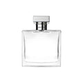 Eau de parfum bottle, clear square glass with silver cap and ROMANCE label