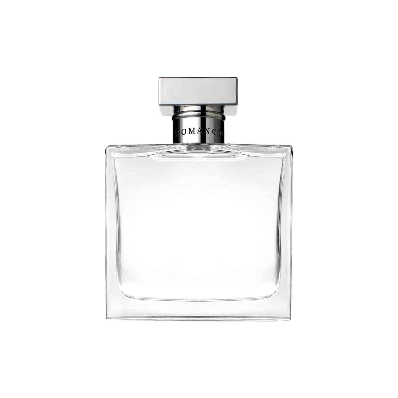 Eau de parfum bottle, clear square glass with silver cap and ROMANCE label