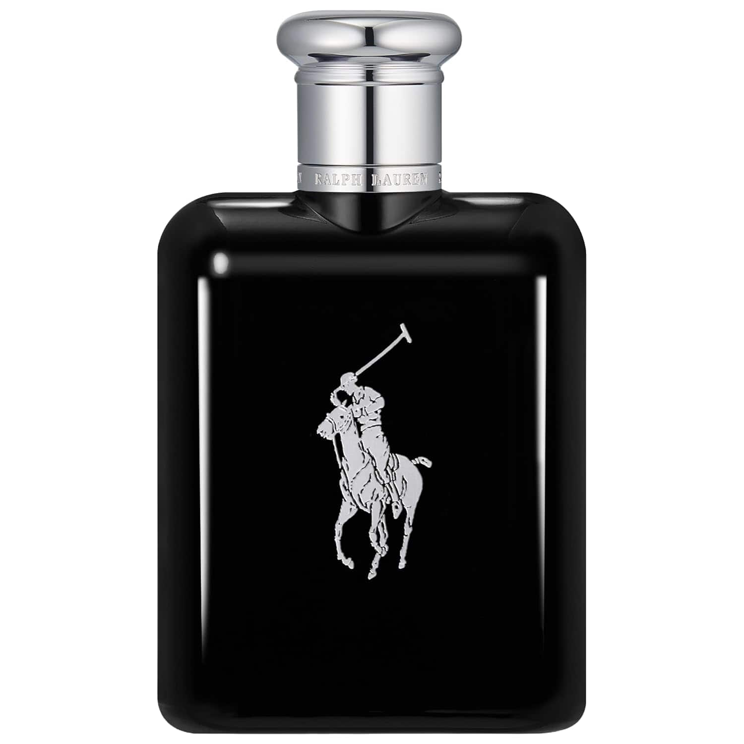 Ralph Lauren Polo eau de toilette spray bottle, black glass with silver cap and logo
