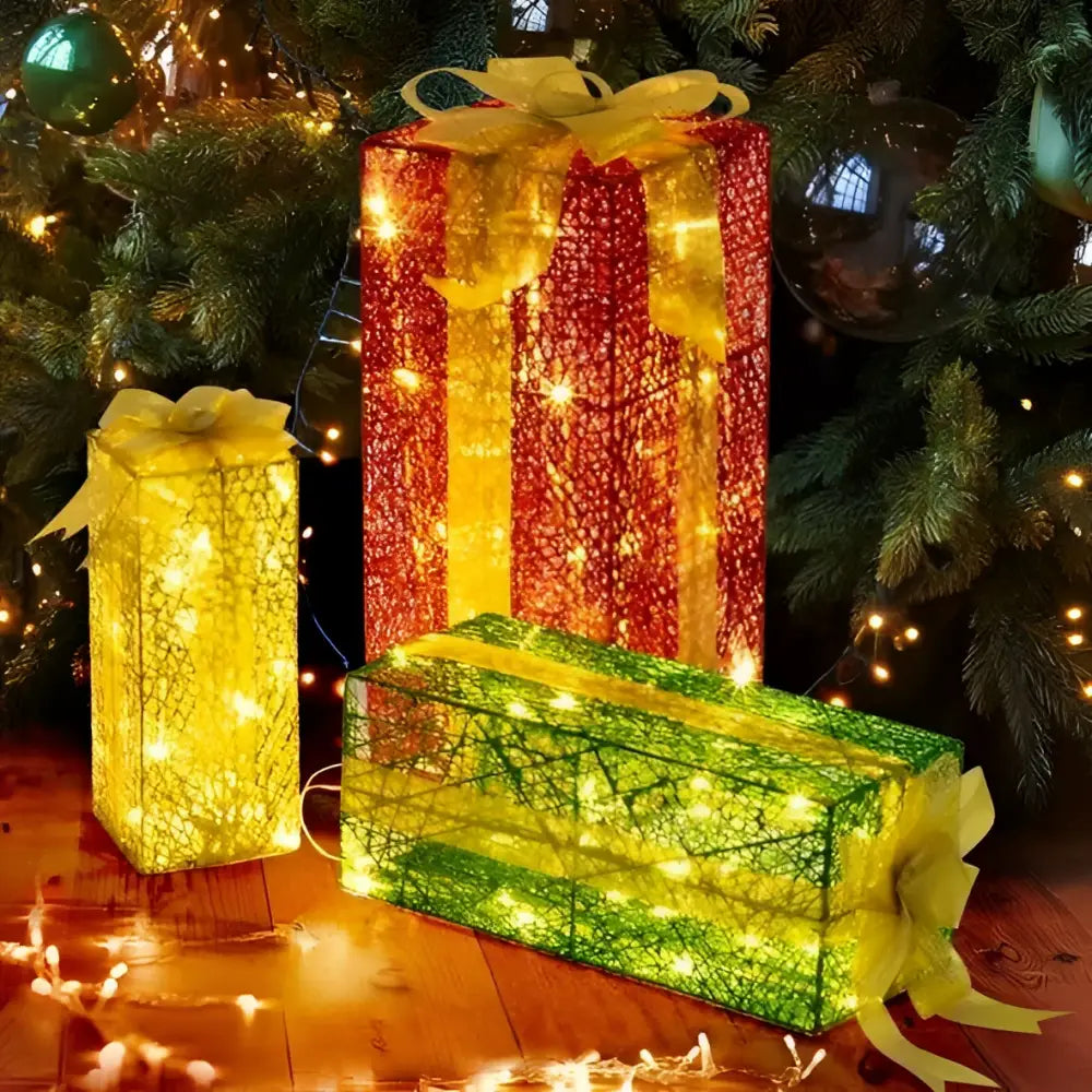 Red and Green Warm White Lighted Gift Boxes Set of 3