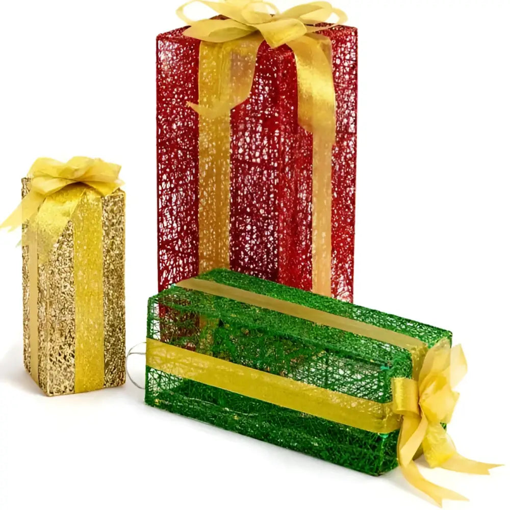 Red and Green Warm White Lighted Gift Boxes Set of 3