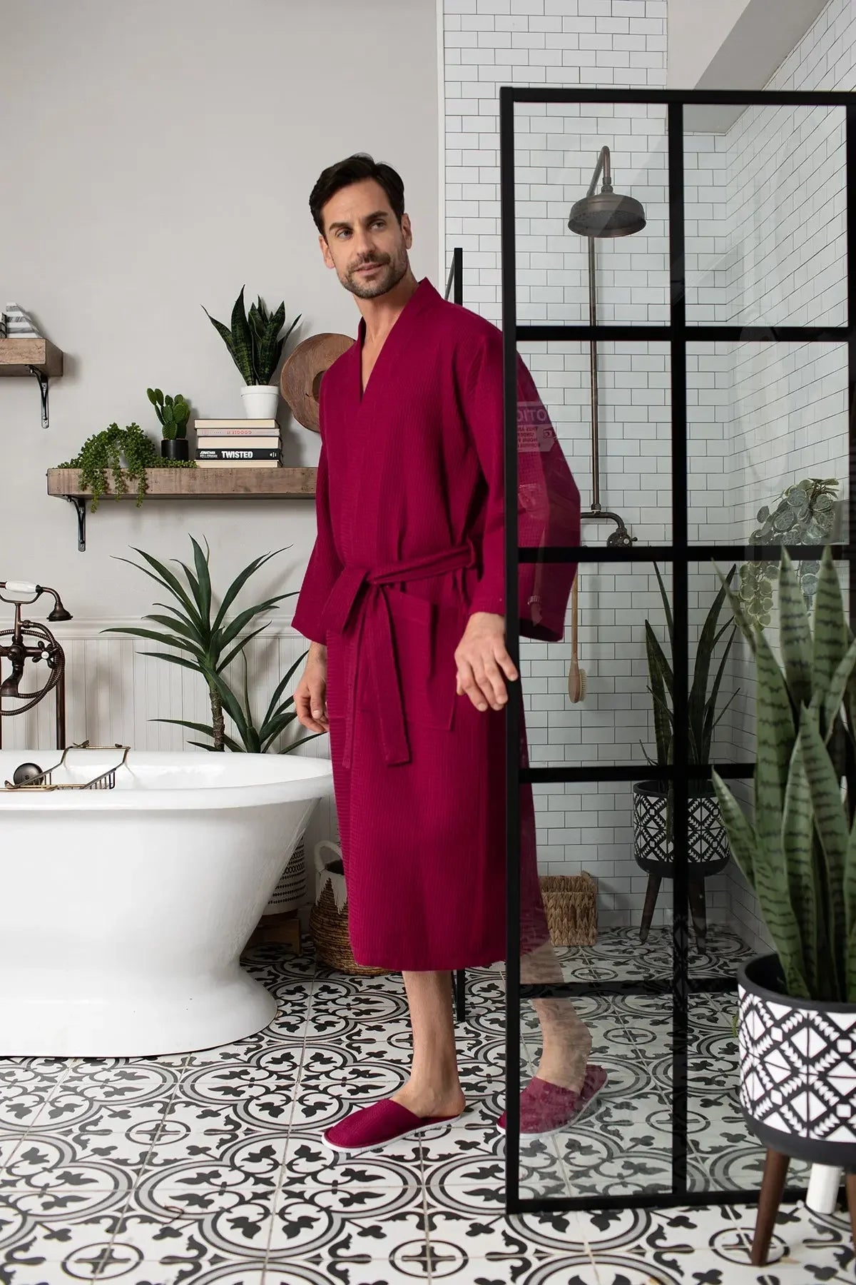Men's waffle spa bathrobe, wine red V-neck with belt tie, mid-calf length