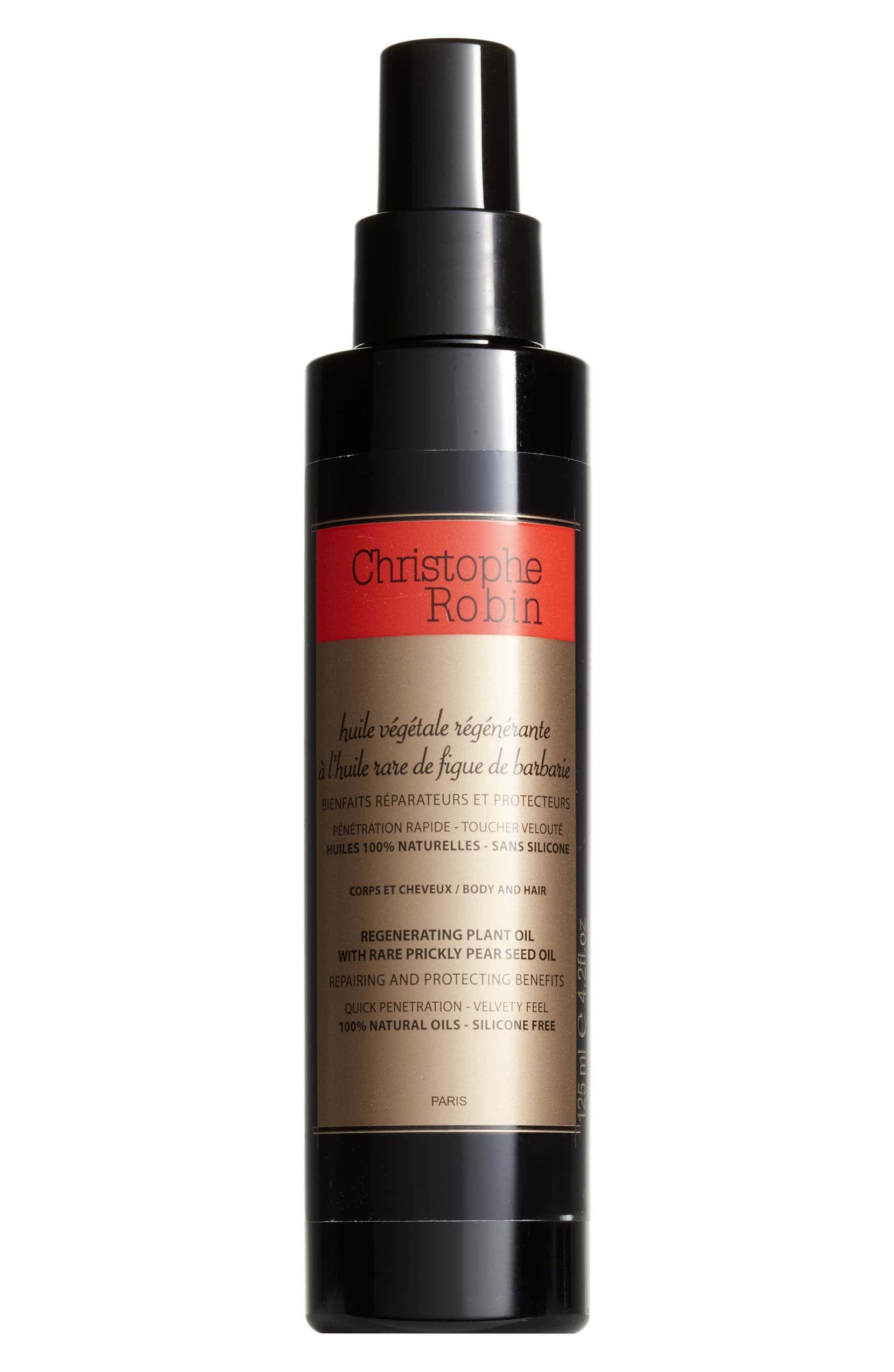 CHRISTOPHE ROBIN regenerating plant oil bottle with spray pump, dark brown label