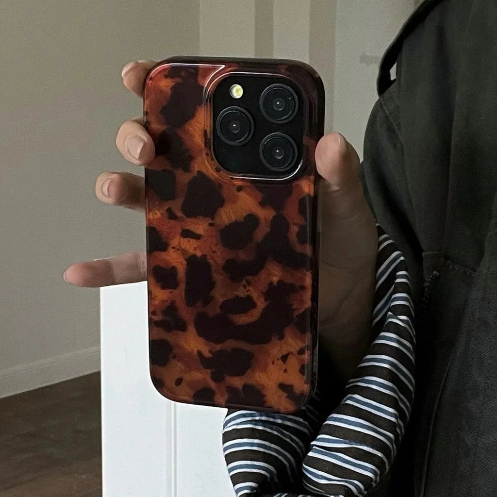 Retro Amber Laser Texture Phone Case | Leopard Print Shockproof Soft Back Cover for iPhone