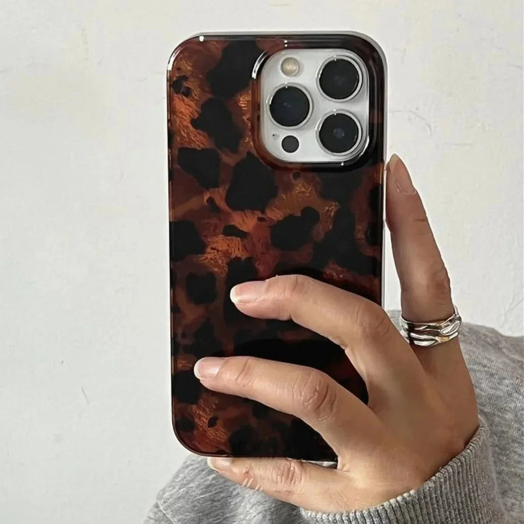 Retro Amber Laser Texture Phone Case | Leopard Print Shockproof Soft Back Cover for iPhone
