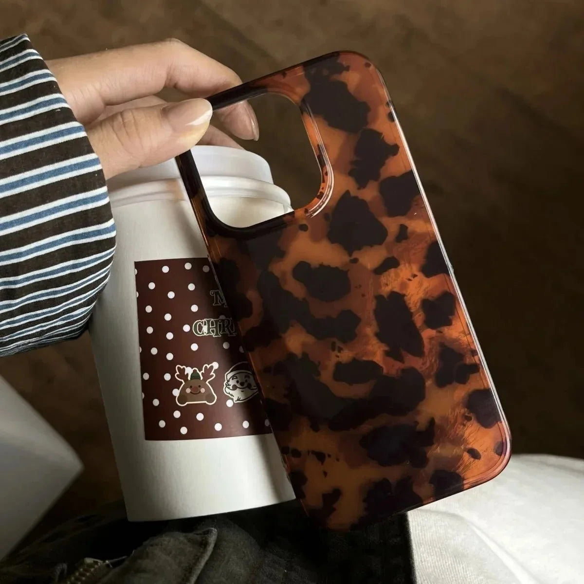Retro Amber Laser Texture Phone Case | Leopard Print Shockproof Soft Back Cover for iPhone