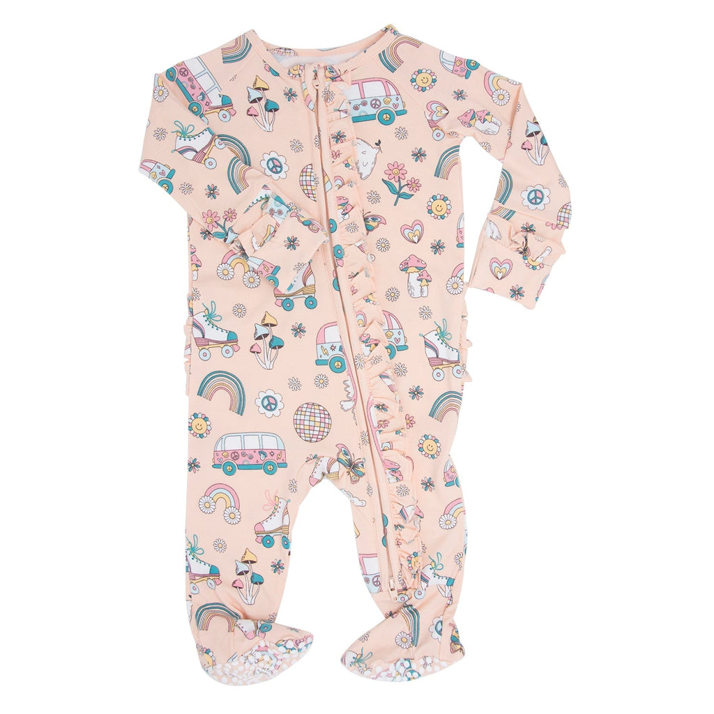 Light pink baby footie with long sleeves and front zipper placket, colorful roller skate print