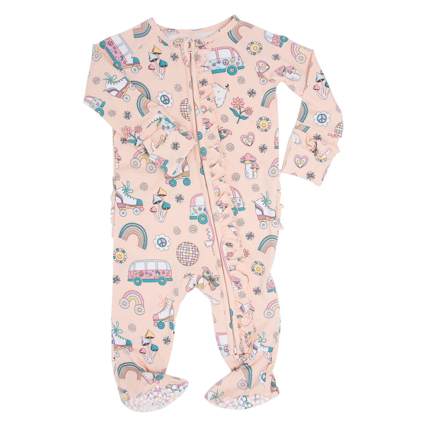 Light pink baby footie with long sleeves and front zipper placket, colorful roller skate print