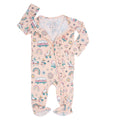 Light pink baby footie with long sleeves, front zipper, and allover skate print