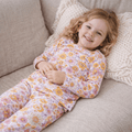 Girl kids floral pajama set with long sleeves and pants, pastel yellow and pink