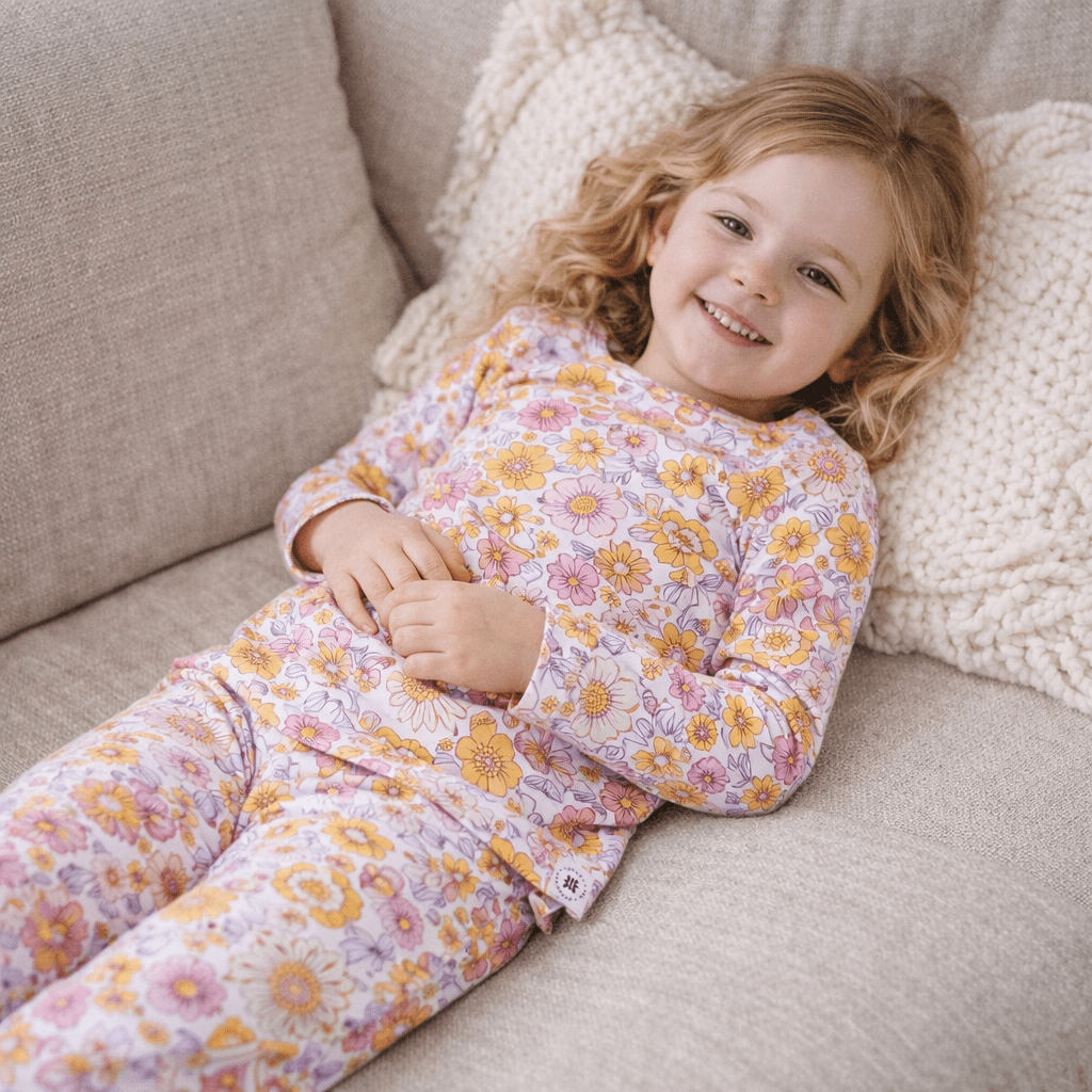 Girl kids floral pajama set with long sleeves and pants, pastel yellow and pink