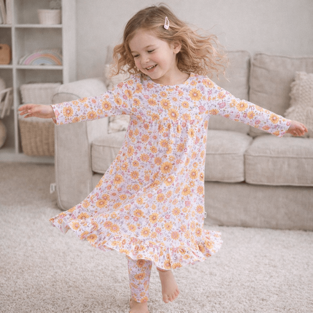 Girls floral boho dress with long sleeves and tiered ruffle hem