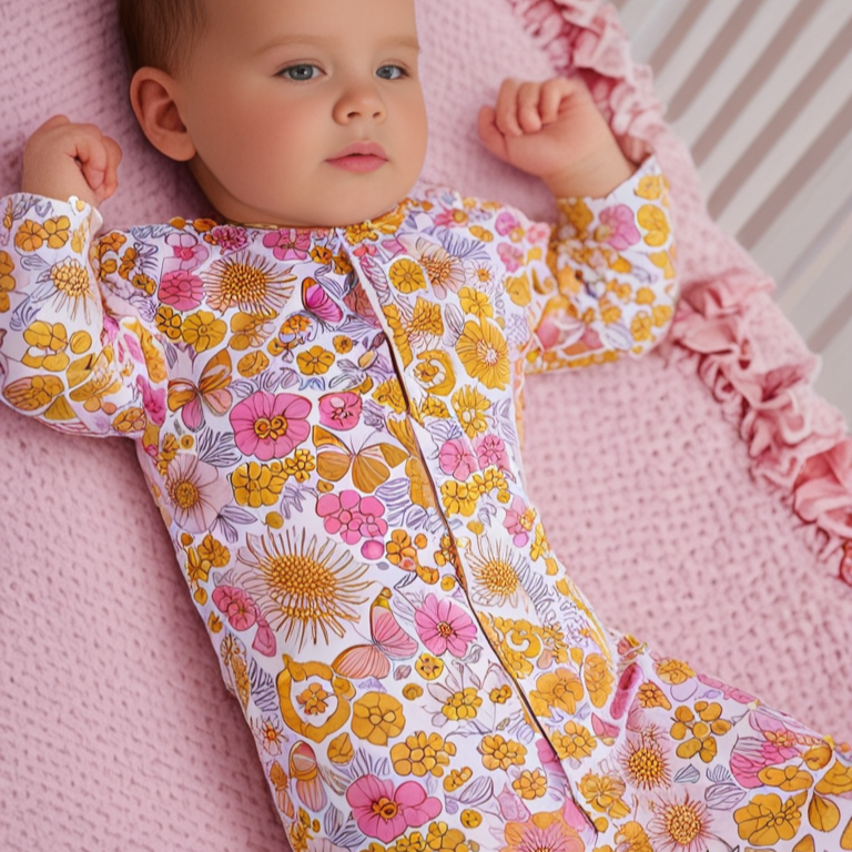 Floral ruffle footie romper with long sleeves and front zipper, multicolor