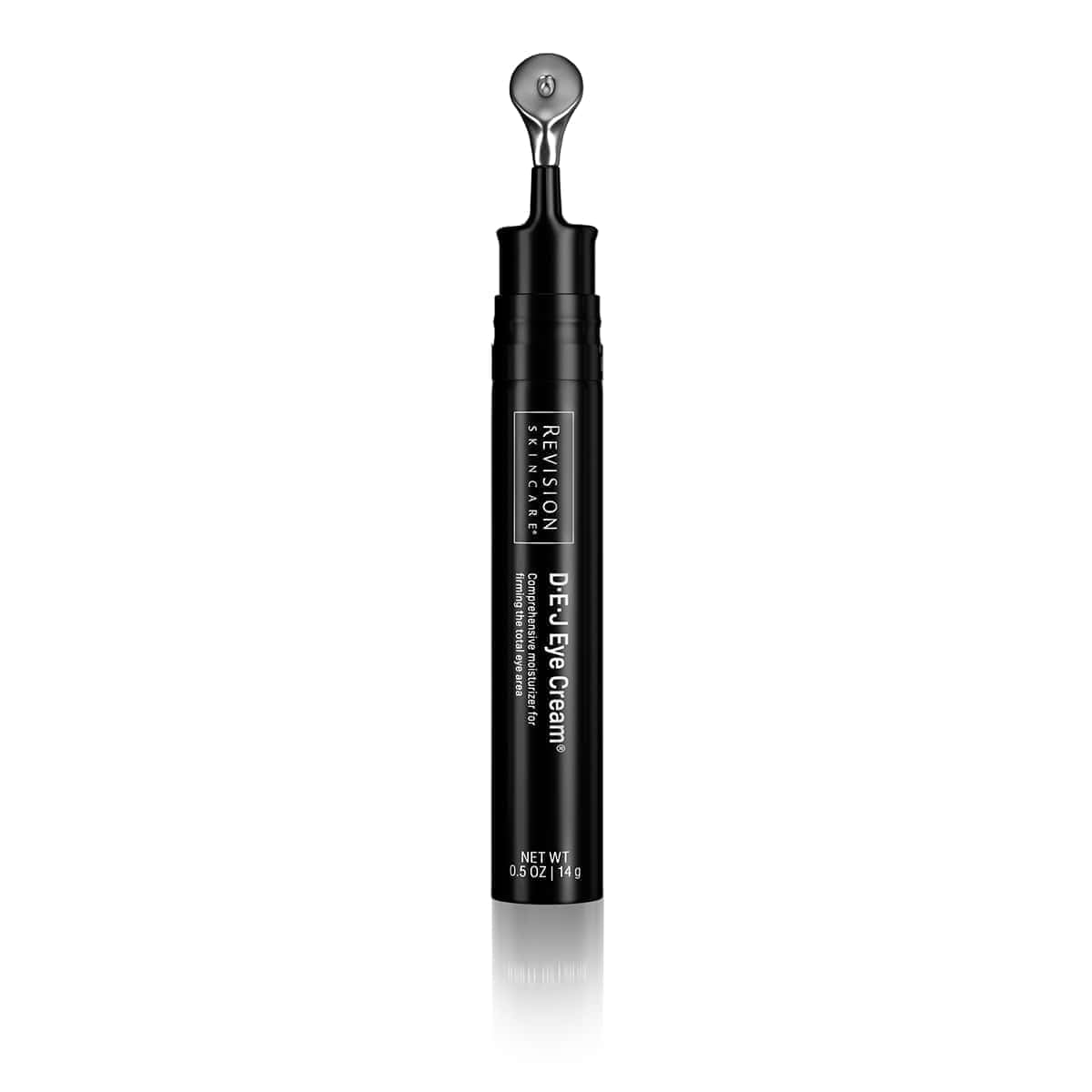 Revision Skincare D·E·J eye cream applicator bottle with silver roller tip, black body