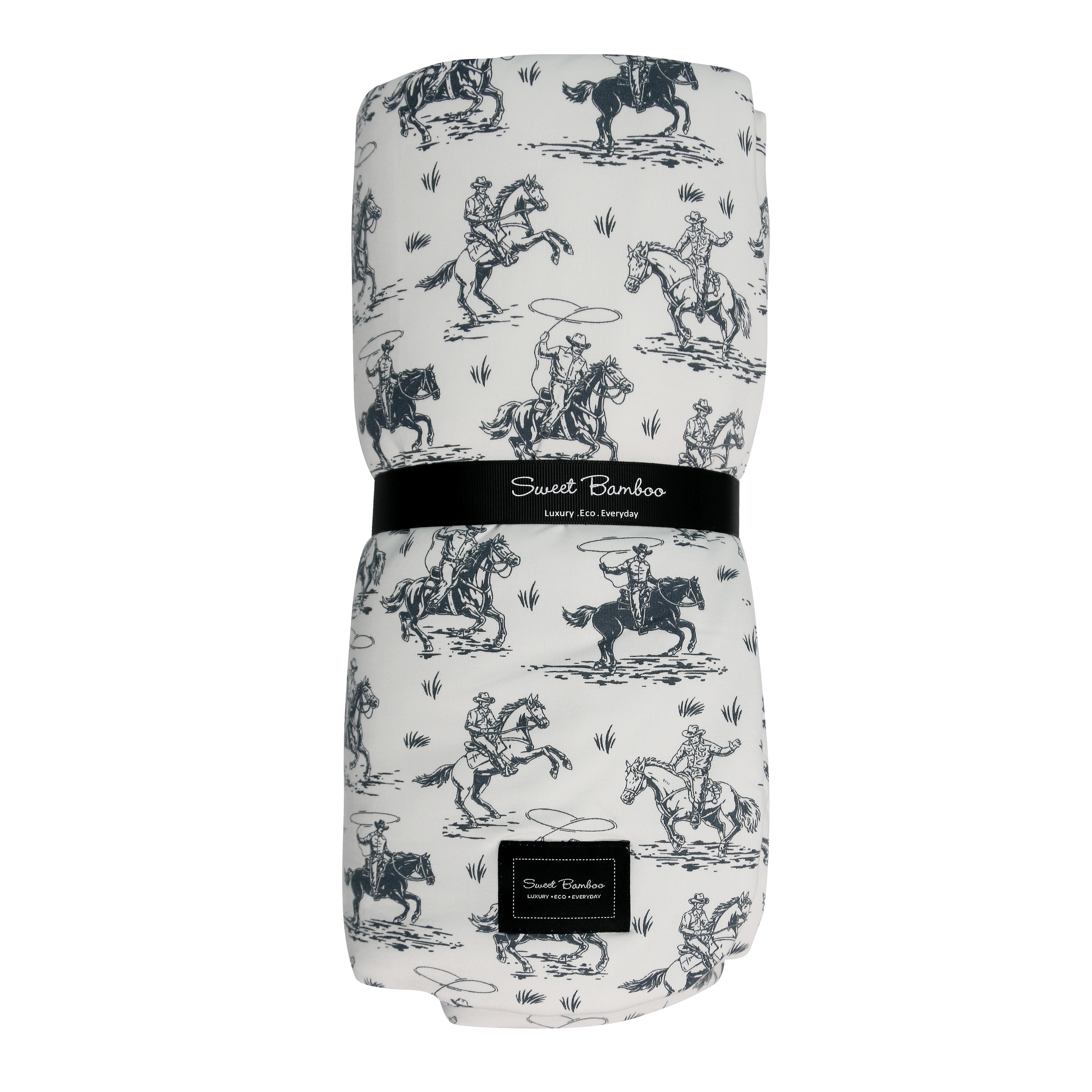 Kids' cloud blanket with black cowboy and horse print on light background, Sweet Bamboo label
