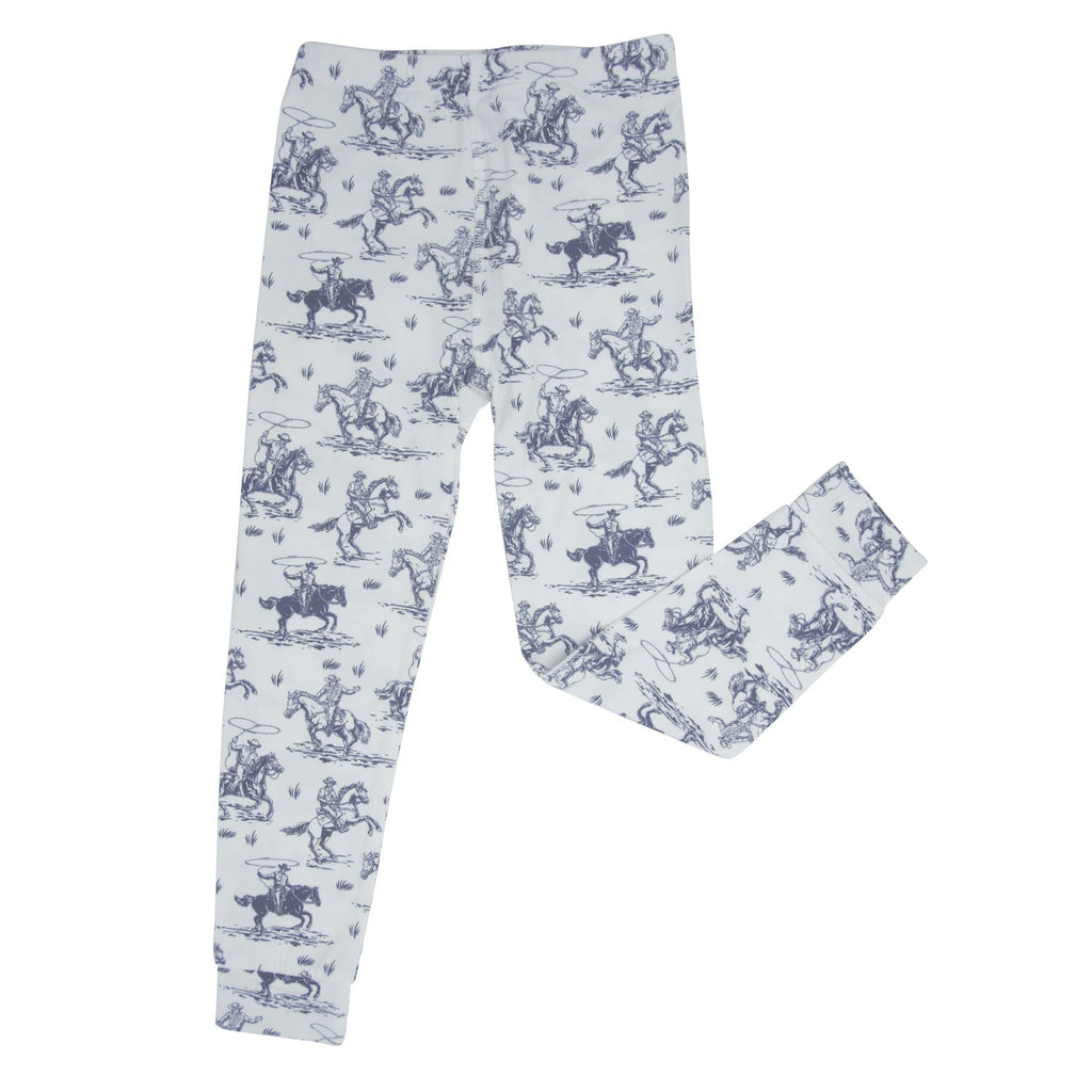 Kids pajama pants with light blue cowboy print, relaxed fit