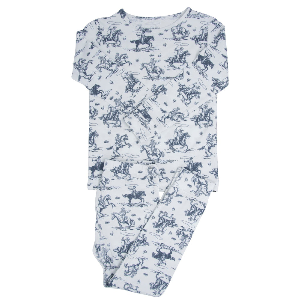 Kids pajama set in light blue with cowboy print, long-sleeve shirt and pajama pants