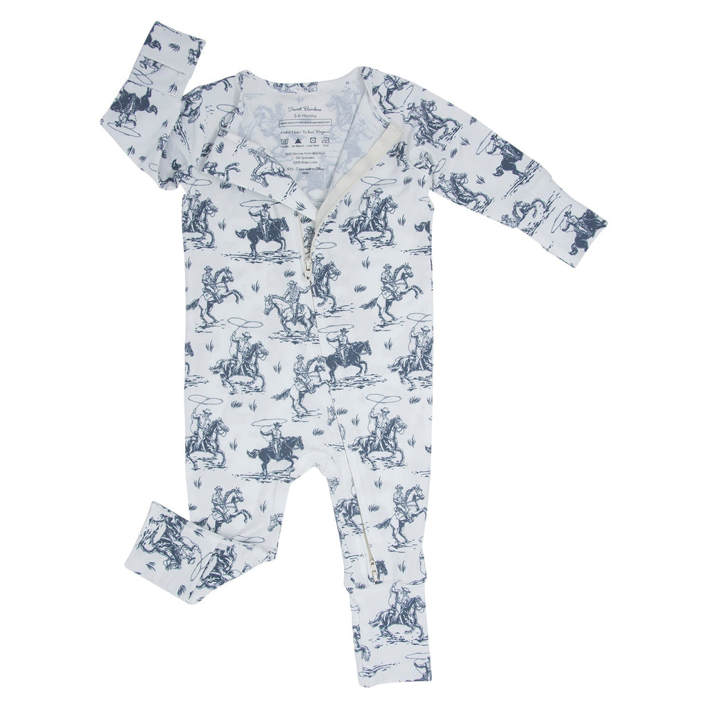 Baby V-neck long-sleeve romper with blue cowboy print on white, snap-style openings